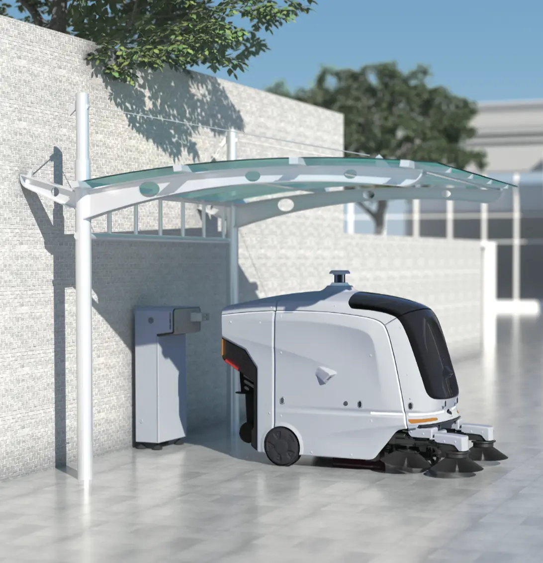 Autonomous cleaning robot at its charging station