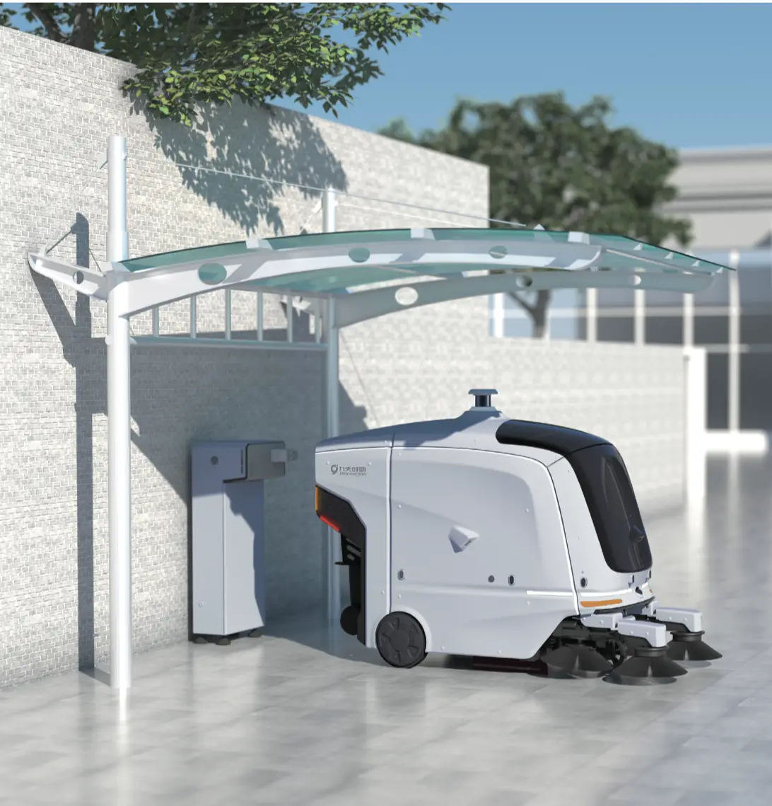 Autonomous cleaning robot at its charging station